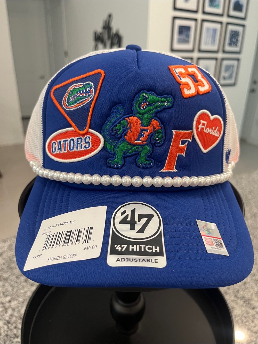 47 Florida Gators Royal Blue and White Trucker Hat with Pearl Trim